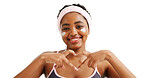 Portrait, happy woman or sunscreen with hand heart, cosmetics or spf protection for dermatology. Skincare, self care or African person with gesture, beauty routine or space on white studio background