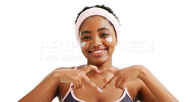 Buy stock photo Portrait, happy woman or sunscreen with hand heart, cosmetics or spf protection for dermatology. Skincare, self care or African person with gesture, beauty routine or space on white studio background