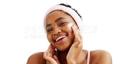 Buy stock photo Cream, skincare and portrait of black woman in studio for beauty, collagen benefits and facial cosmetics. Self care, vitamn c lotion and dermatology with person on white background for mockup space