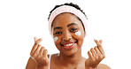 Portrait, happy woman and finger heart in studio, cosmetics and spf protection for dermatology. Skincare, self care and African person with hand gesture, beauty routine and space on white background.