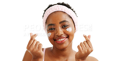 Buy stock photo Portrait, happy woman and finger heart in studio, cosmetics and spf protection for dermatology. Skincare, self care and African person with hand gesture, beauty routine and space on white background.
