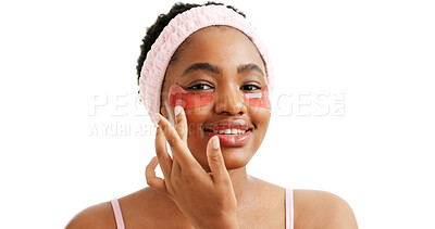 Buy stock photo Eye mask, beauty and portrait of black woman in studio for skincare, collagen benefits and facial cosmetics. Self care, vitamin c patch and dermatology with female person on white background for space