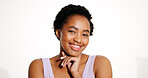 Happy black woman, beauty and skincare in studio with shine, space and aesthetic on white background. Portrait, face and confident model with cosmetics, natural dermatology and self care for wellness