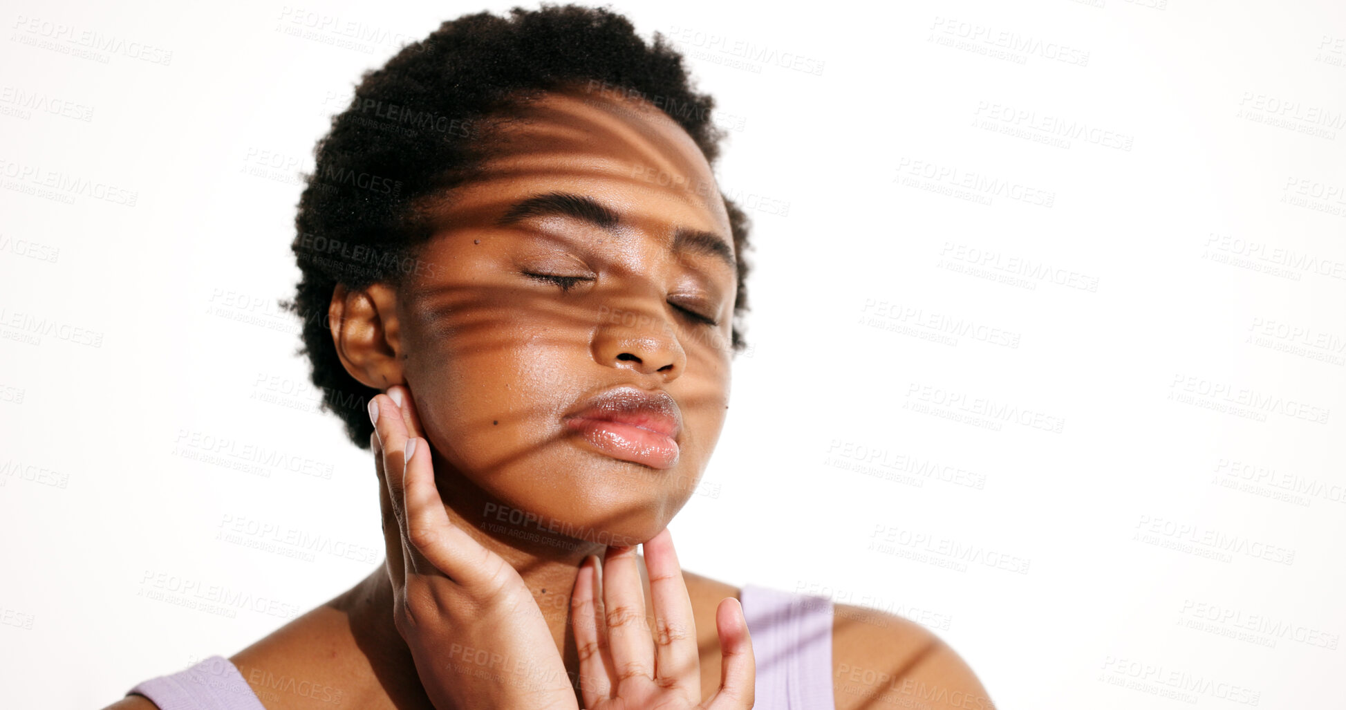 Buy stock photo Skincare, black woman and thinking with shadow in studio, spa treatment and skin texture for aesthetic. Dermatology, peace or person with natural beauty, mockup space or self care on white background