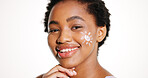 Portrait, happy and woman with sunscreen in studio, cosmetics and spf protection for dermatology. Skincare, self care and African person smile with makeup, beauty routine or space on white background