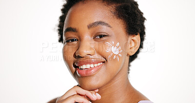 Buy stock photo Portrait, happy and woman with sunscreen in studio, cosmetics and spf protection for dermatology. Skincare, self care and African person smile with makeup, beauty routine or space on white background