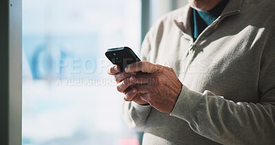 Buy stock photo Typing, hands and man in office with phone, email feedback or communication in finance company. Text, business and person in workplace with technology, document download or checking meeting schedule.