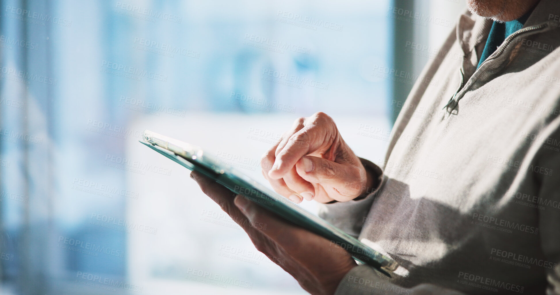 Buy stock photo Hands, typing and man in office with tablet, online scroll or planning for client. Space, digital or marketing consultant in agency with tech, presentation prep or message update on virtual app.