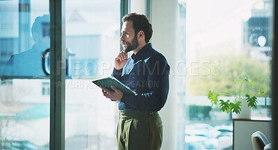 Buy stock photo Man, window and thinking in office with tablet, idea or plan for online campaign. Serious, business person and digital marketing manager in company with tech, reflection and research for ROI.