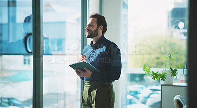 Buy stock photo Business man, window and thinking in office with tablet, idea or plan for online campaign. Serious, person and digital marketing manager in company with tech, reflection and research for ROI.