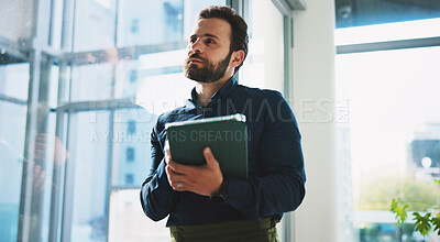 Buy stock photo Thinking, businessman and idea with tablet for schedule, tasks or planning agenda in office. Man, employee or creative director with technology for research, online portfolio or workplace proposal