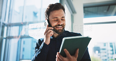 Buy stock photo Phone call, reading and tablet with business man in office for campaign manager, contact and research. Creative director, engagement tracking and digital chat with person in media agency for project