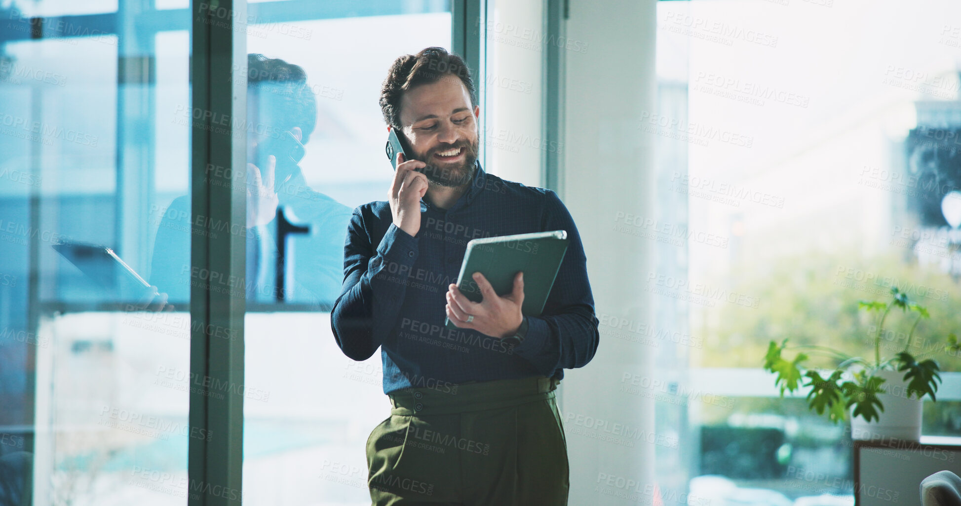 Buy stock photo Phone call, research and tablet with business man in office for campaign manager, contact and reading. Creative director, engagement tracking and digital chat with person in media agency for project