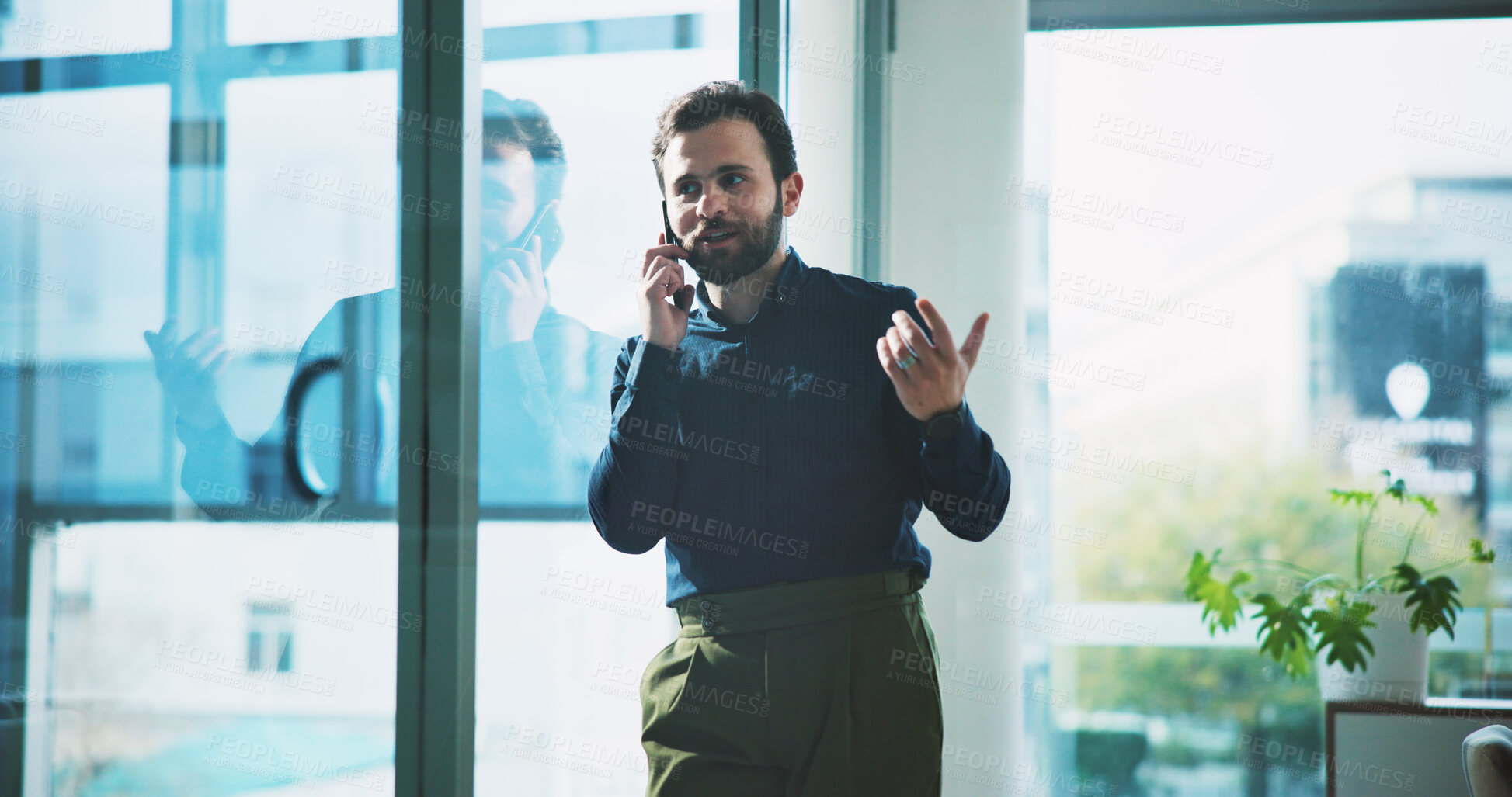 Buy stock photo Office, phone call and business man in conversation for investment deal, negotiation and offer. Mobile, advisor and talk to contact in workplace for financial info, savings plan and budget feedback