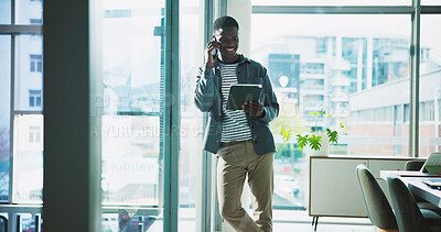 Buy stock photo Phone call, happy and tablet with business black man in office for campaign manager, contact and research. Creative director, engagement tracking and chat with person in media agency for project