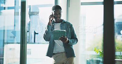 Buy stock photo Phone call, talking and tablet with business black man in office for campaign manager, contact and research. Creative director, engagement tracking and chat with person in media agency for project