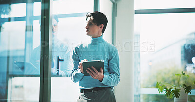 Buy stock photo Thinking, businessman and vision with tablet for schedule, tasks or planning agenda in office. Glass, creative director and reflection with tech for research, online portfolio or workplace proposal