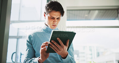 Buy stock photo Business, thinking and man with tablet, confused and typing with internet, error and choice. Person, employee and journalist in workplace, tech and doubt with article review, decision and email