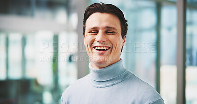 Buy stock photo Portrait, laugh and business man in office as comedy screenwriter with funny joke. Face, happy professional and creative worker with employee, about us or script writer with humor in Switzerland