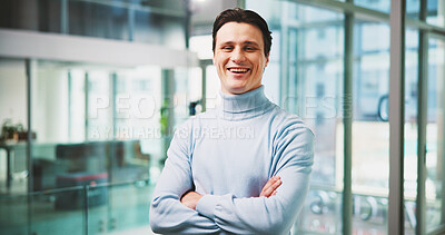Buy stock photo Smile, arms crossed and portrait of business man in office as creative director, pride and museum consultant. Confidence, exhibition curator and happy with male person for auctioneer and gallery