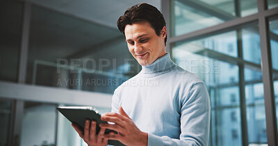 Buy stock photo Happy, businessman and reading with tablet for schedule, tasks or planning agenda in office. Man, employee or creative director with technology for research, online portfolio or workplace proposal