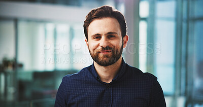 Buy stock photo Smile, professional and portrait of business man in office as creative director, pride and museum consultant. Confidence, exhibition curator and happy with male person for gallery and auctioneer