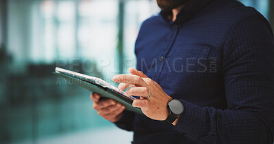 Buy stock photo Scroll, hands and man in office with tablet, email feedback or communication in finance company. Online search, business and person in workplace with technology, document review or internet research.