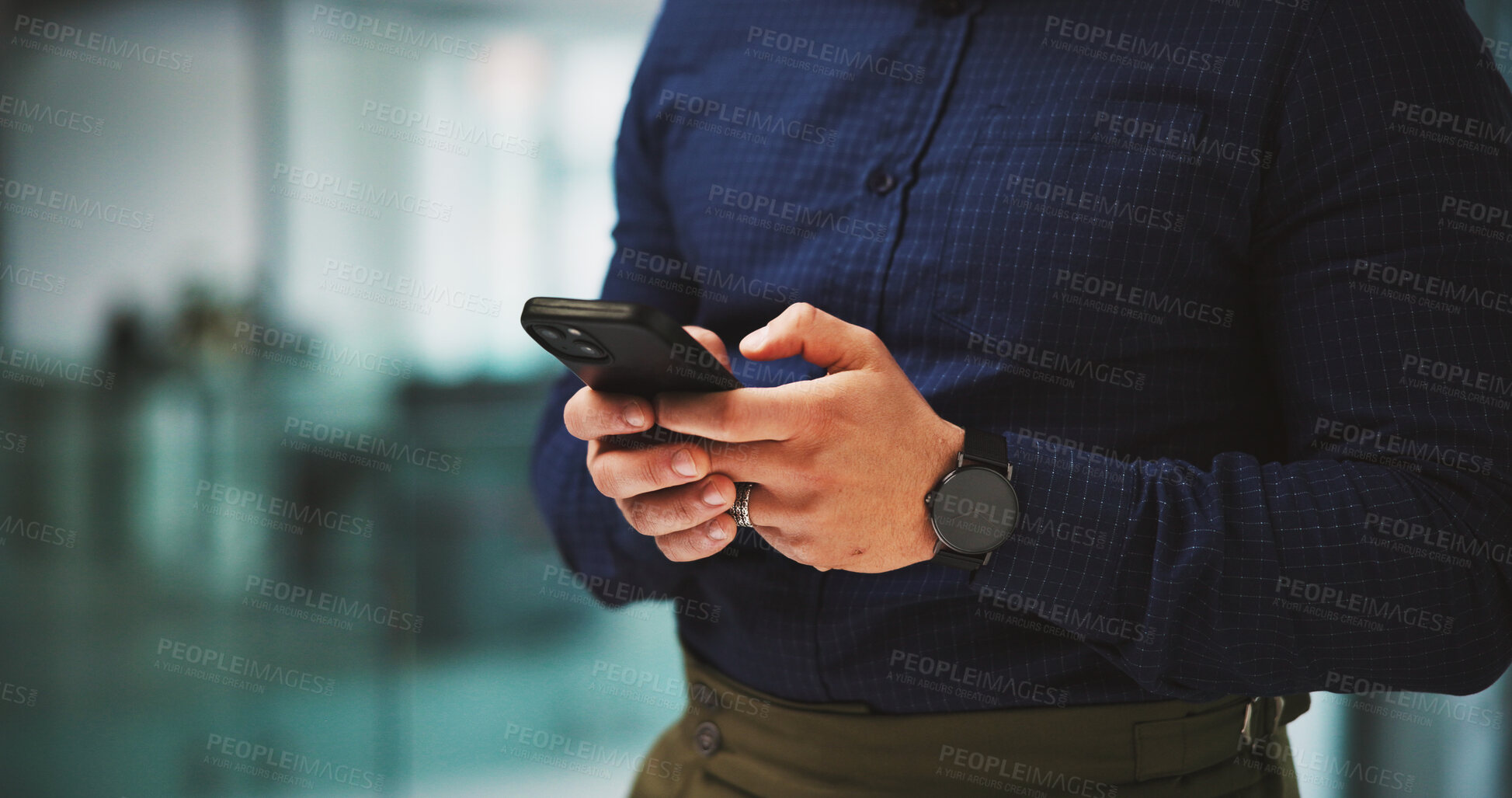 Buy stock photo Typing, hands and man in office with phone, online communication or content planning for client. Productivity, digital or marketing consultant in agency with tech, stakeholder chat or update on email