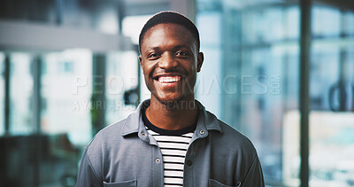 Buy stock photo Happy, professional and portrait of business black man in office as creative director, pride and museum consultant. Confidence, exhibition curator and smile with person in agency for auctioneer