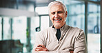 Mature, arms crossed and portrait of business man in office as creative director, pride and museums consultant. Confidence, exhibition curator and happy with person in startup agency for auctioneer