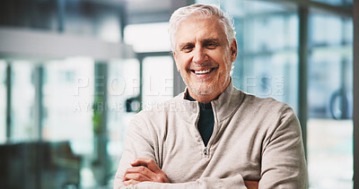 Buy stock photo Mature, arms crossed and portrait of business man in office as creative director, pride and museum consultant. Confidence, exhibition curator and happy with male person for gallery and auctioneer