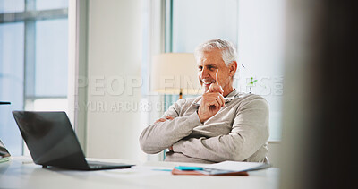 Buy stock photo Laptop, mature and reading with business man in office for magazine subscription, client survey and research. Engagement tracking, newsletter poll and editor proposal with person in media agency