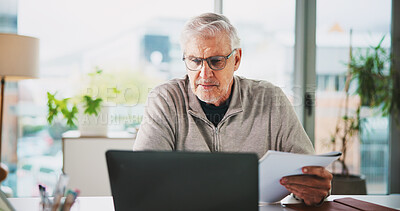 Buy stock photo Laptop, documents and mature businessman in office with finance report for company budget planning. Research, paperwork and financial manager with investment proposal for stock market in workplace.