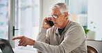 Laptop, phone call and mature business man talking to contact for publishing deal in office. Mobile, computer and editor in chief in workplace for article feedback, decision and pointing at website