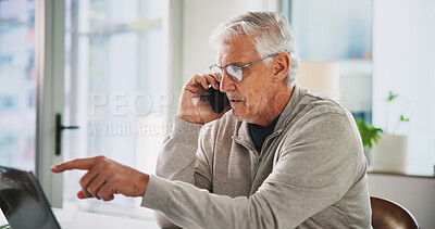 Buy stock photo Laptop, phone call and mature business man talking to contact for publishing deal in office. Mobile, computer and editor in chief in workplace for article feedback, decision and pointing at website