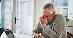 Eye strain, laptop and stress with business man in office for accounting, finance or tax review. Brain fog, glasses and headache with mature accountant in financial workplace for risk management