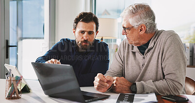 Buy stock photo Conversation, finance and laptop with business men in office for accounting or budget review. Collaboration, computer and planning with employee team in financial workplace for wealth management