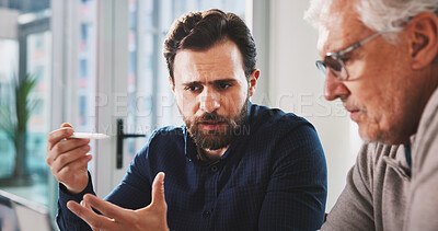 Buy stock photo Men, discussion or talk in office with problem solving, guidance or plan for financial risk. Serious, business and people in company with crisis management, mentorship or advice for stock market.