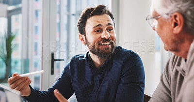 Buy stock photo Happy, conversation or men in meeting with feedback, idea pitch and business growth in audit firm. Discussion, talk and people in office with proposal, strategy or investment opportunity in company.