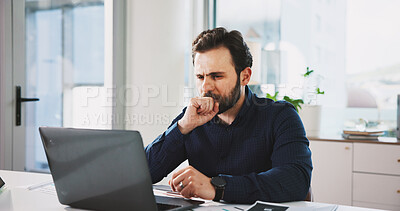 Buy stock photo Laptop, reading and serious with business man in office for accounting, finance or tax review. Computer, problem solving and thinking with accountant in financial workplace for risk management