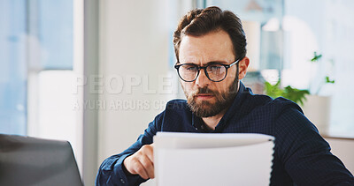 Buy stock photo Laptop, paperwork and businessman in office with finance report for company budget planning. Research, documents and male financial manager with investment proposal for stock market in workplace.