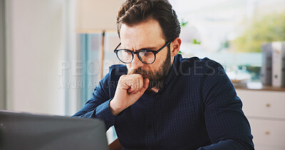 Buy stock photo Thinking, plan and man in office with laptop, problem solving or report for company growth. Reading, research and strategy consultant in agency with tech, info or trend forecast for brand marketing.