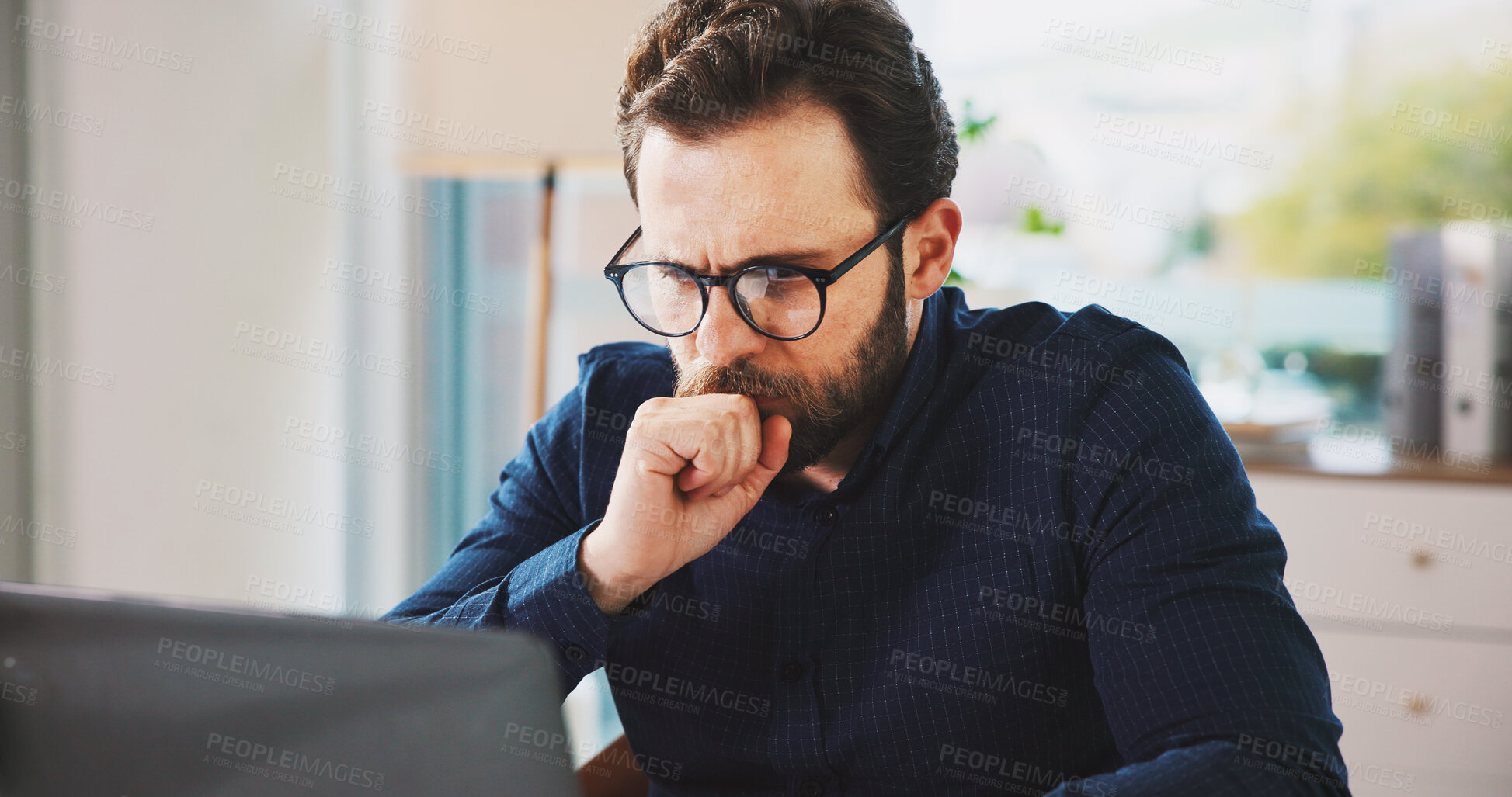 Buy stock photo Thinking, plan and man in office with laptop, problem solving or report for company growth. Reading, research and strategy consultant in agency with tech, info or trend forecast for brand marketing.