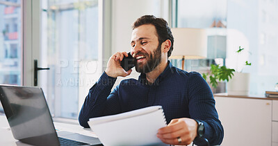 Buy stock photo Document, phone call and business man laugh for investment deal, negotiation or joke. Paperwork, funny advisor and conversation with mobile in office for financial information, feedback and laptop