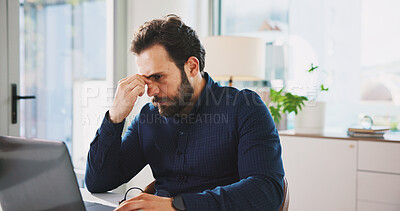 Buy stock photo Brain fog, laptop and stress with business man in office for accounting, finance or tax review. Eye strain, headache and reading with accountant person in financial workplace for risk management