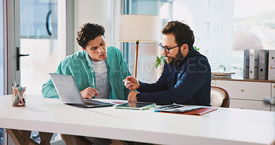 Buy stock photo Collaboration, finance and laptop with business men in office for accounting or budget review. Computer, conversation and planning with employee team in financial workplace for wealth management