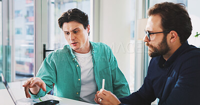 Buy stock photo Finance, laptop and pointing with business men in office for accounting or budget review. Collaboration, computer and question with employee team in financial workplace for wealth management