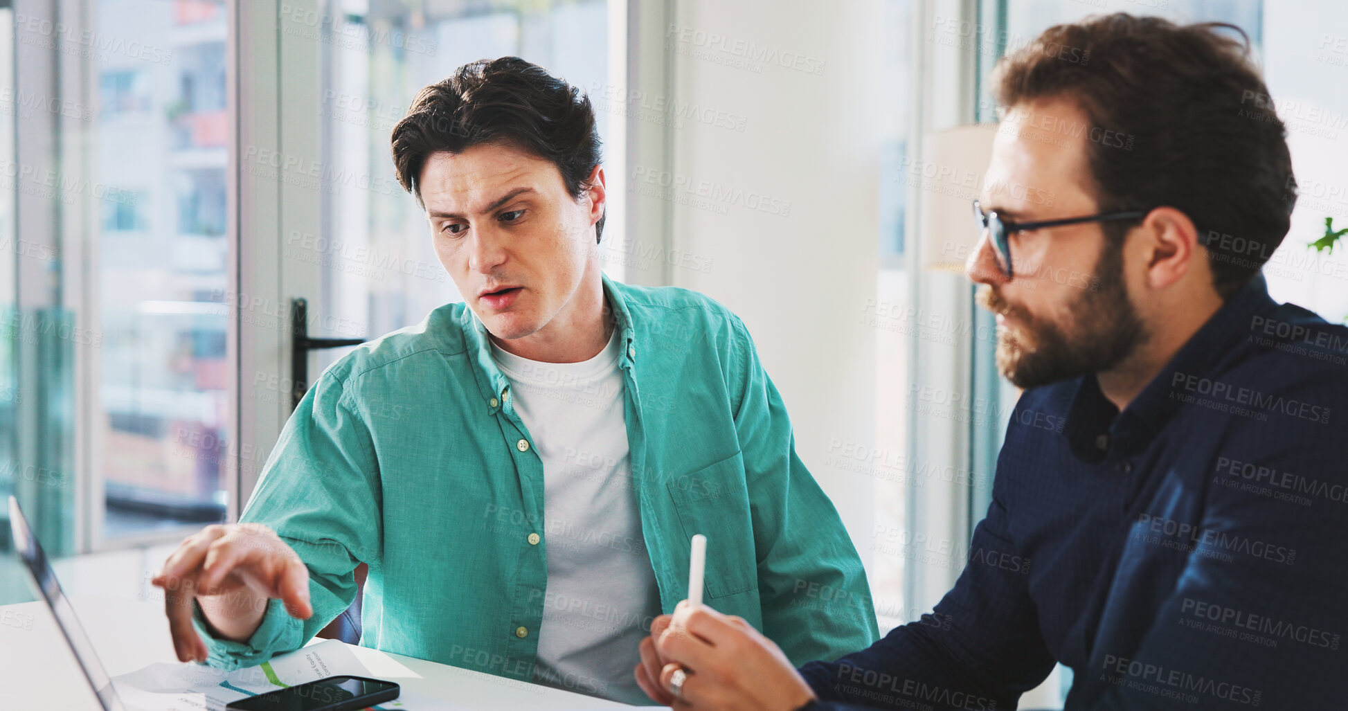 Buy stock photo Finance, laptop and pointing with business men in office for accounting or budget review. Collaboration, computer and question with employee team in financial workplace for wealth management