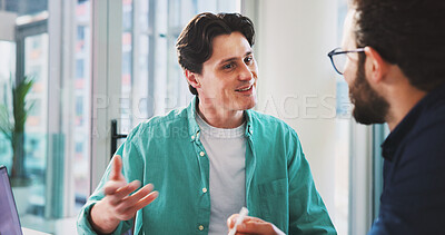 Buy stock photo Collaboration, conversation and meeting with business men in office together for planning. Brainstorming, discussion and partnership with employee people in workplace for report, review or strategy