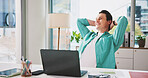 Business, relax and man with laptop, stretching and smile with confidence, completed task and calm. Person, employee or consultant in workplace, computer or finished assignment with good news or rest